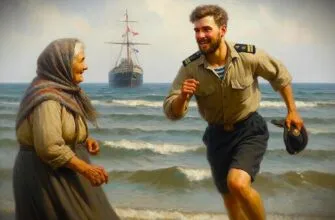 нарисуй море берег старую женщину и к ней бежит взрослый сын моряк мужчина корабль
