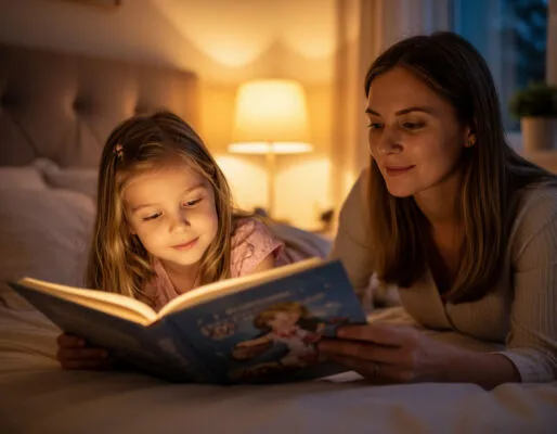 Нарисуй сказочно красиво, девочка 5 лет красивая, лежит в кровати перед сном, мама читает ей сказки