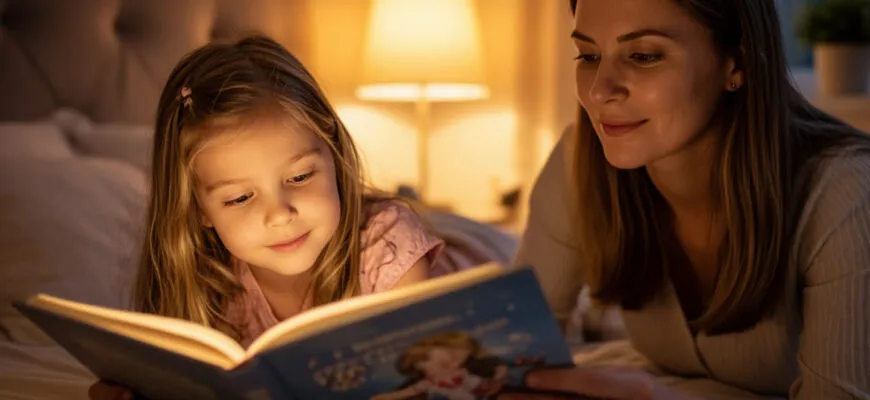 Нарисуй сказочно красиво, девочка 5 лет красивая, лежит в кровати перед сном, мама читает ей сказки