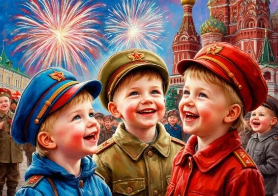 Нарисуй маленьких детей двух лет, которые отмечают День Победы в форме фуражках разноцветный красивый праздник 9 мая, счастливые смеются дети