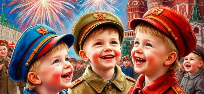 Нарисуй маленьких детей двух лет, которые отмечают День Победы в форме фуражках разноцветный красивый праздник 9 мая, счастливые смеются дети