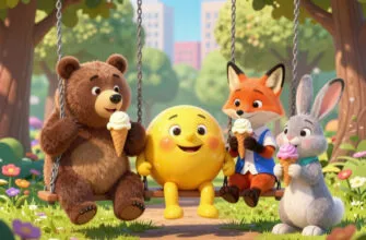 сказка колобок в современном городе катается в парке на качелях с медведем рядом лиса.заяц.едят мороженое волшебно.красиво.