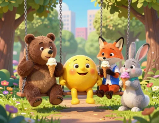 сказка колобок в современном городе катается в парке на качелях с медведем рядом лиса.заяц.едят мороженое волшебно.красиво.