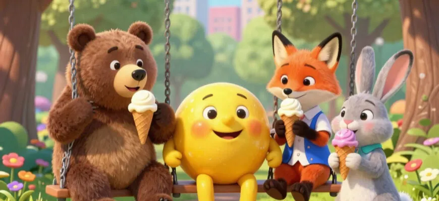 сказка колобок в современном городе катается в парке на качелях с медведем рядом лиса.заяц.едят мороженое волшебно.красиво.