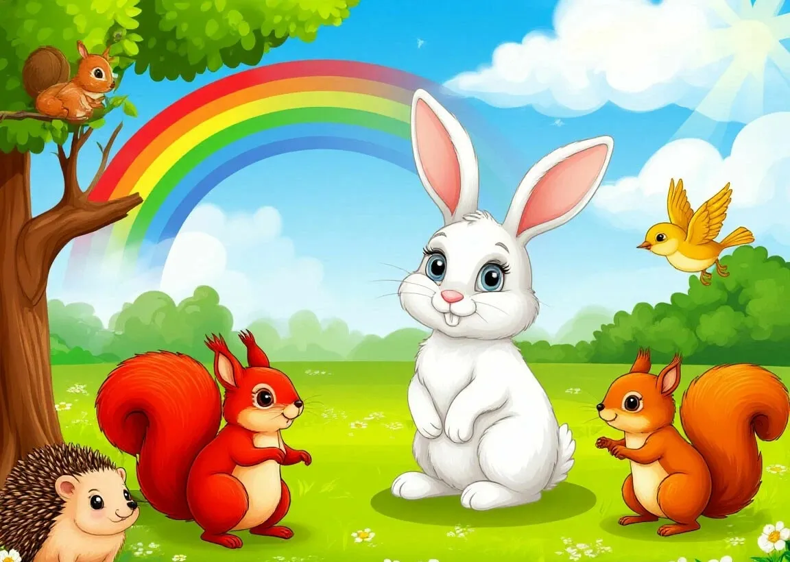 Сказка про маленького зайку и разноцветную радугу