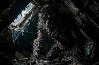 Нарисуй старый заброшенный чердак пятиэтажки мрачный ужасный бардак, грязь, паутина,грязный волосатый человек-зверь 4:3 несколько вариантов