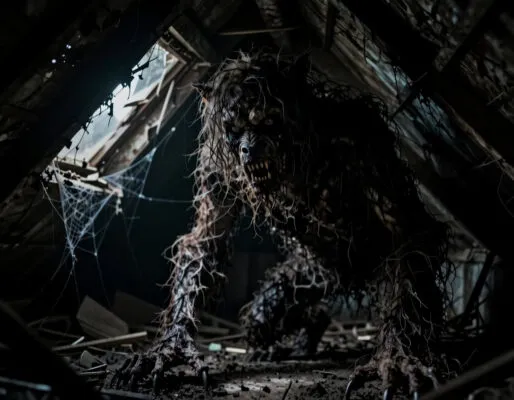 Нарисуй старый заброшенный чердак пятиэтажки мрачный ужасный бардак, грязь, паутина,грязный волосатый человек-зверь 4:3 несколько вариантов