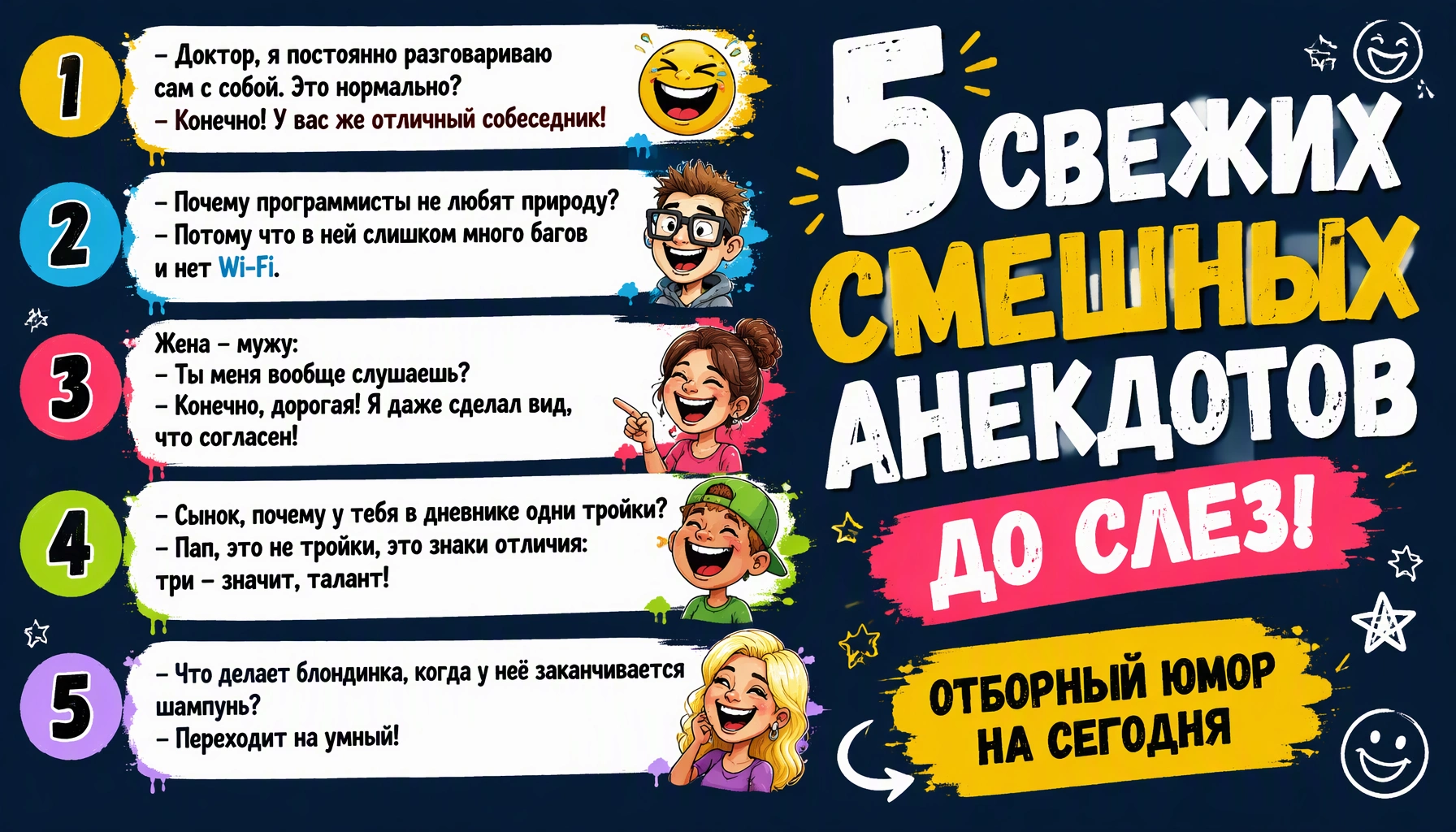 Топ-5 свежих смешных анекдотов до слез | Отборный юмор на сегодня