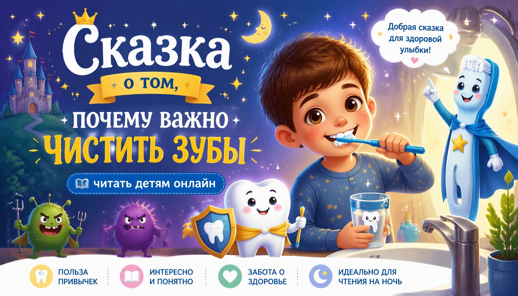 читать онлайн сказку детям, почему нужно чистить зубы