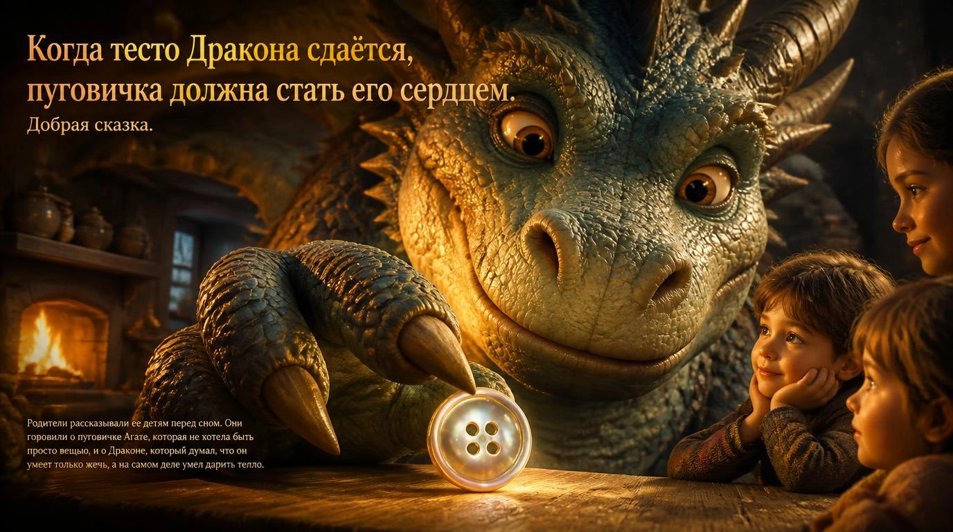 Когда тесто Дракона сдаётся, пуговичка должна стать его сердцем. Добрая сказка