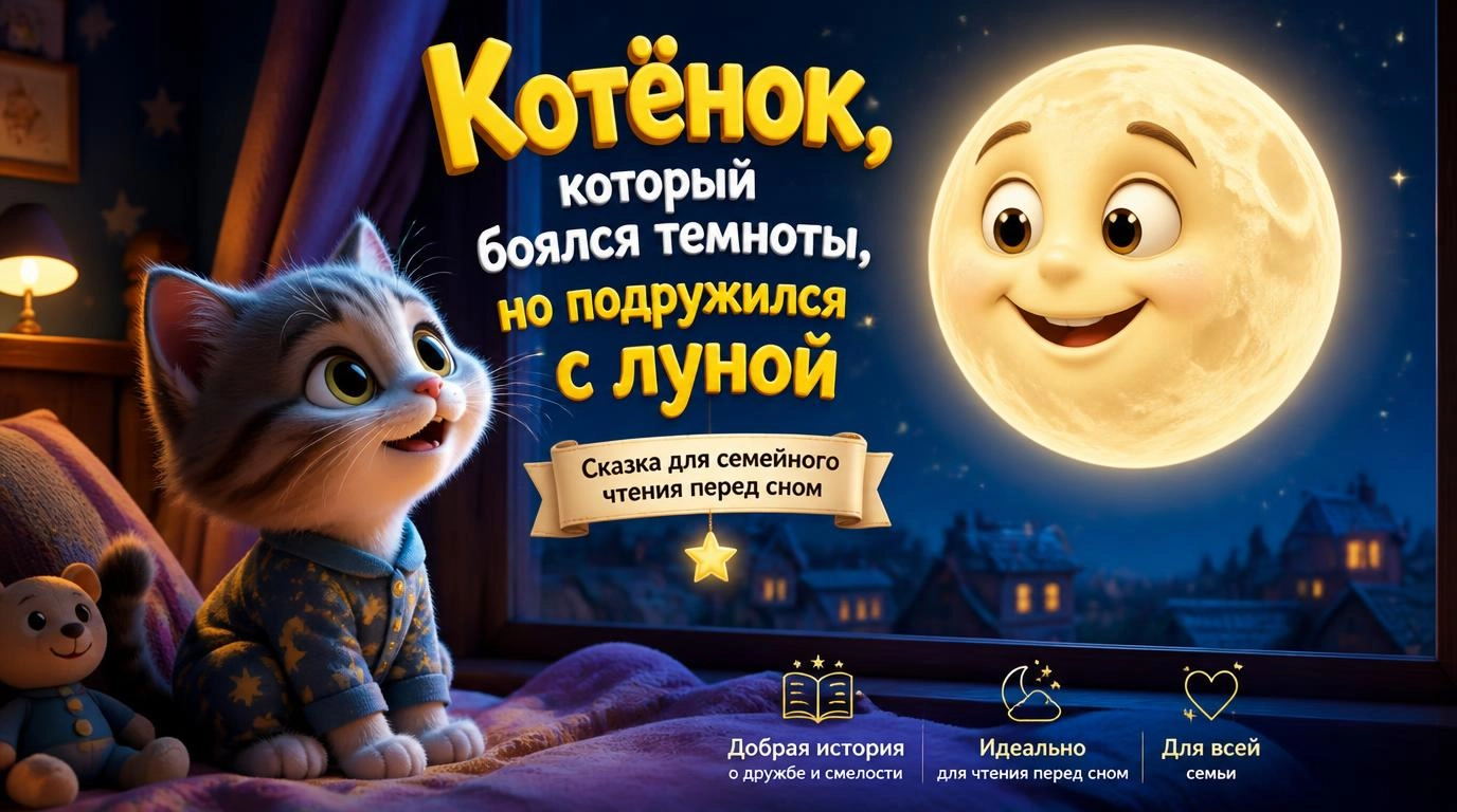 Котёнок, который боялся темноты, но подружился с луной. Сказка для семейного чтения перед сном
