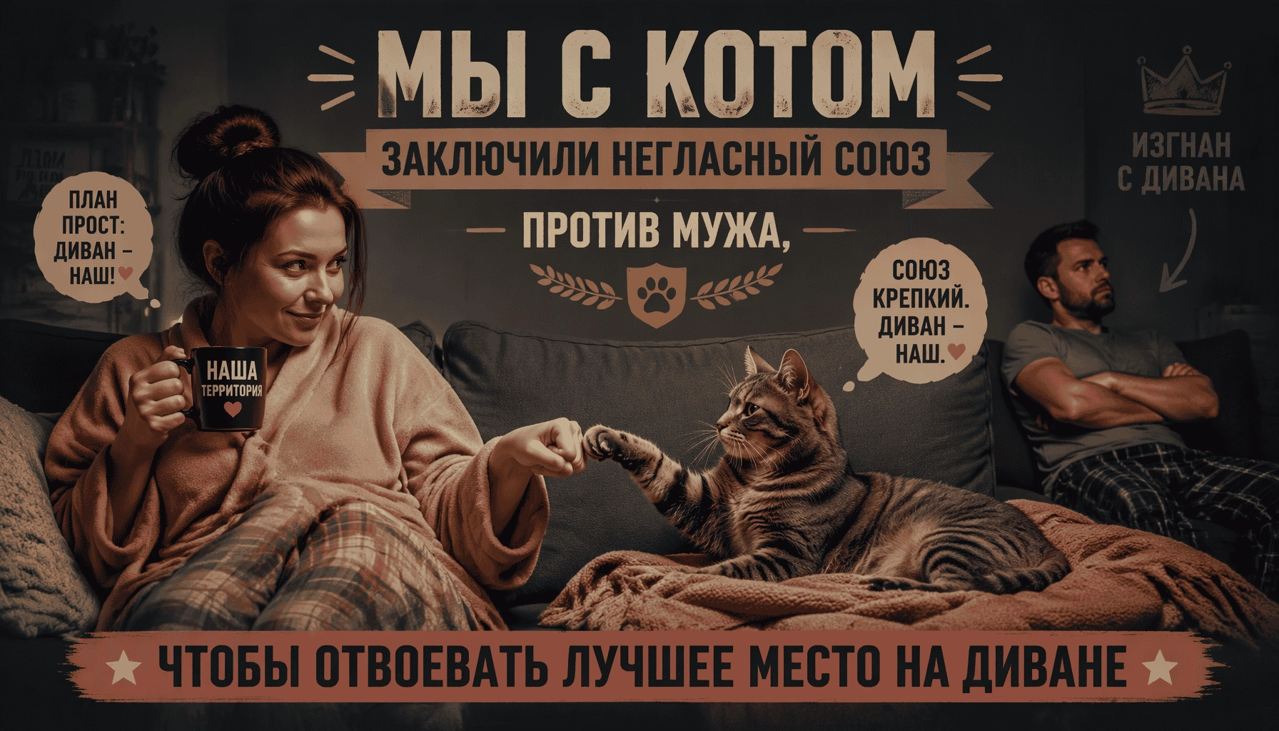 Мы с котом заключили негласный союз против мужа, чтобы отвоевать лучшее место на диване