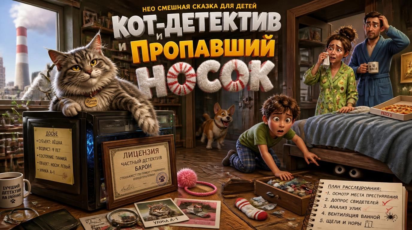 Нео смешная сказка для детей: Кот-детектив и пропавший носок