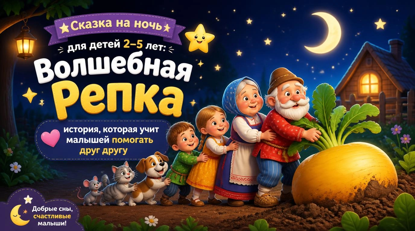 Сказка на ночь для детей 2–5 лет: Репка — история, которая учит детей помогать друг другу