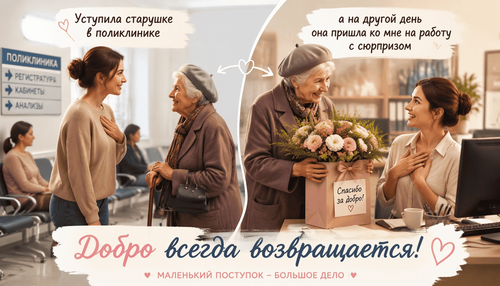 Уступила старушке в поликлинике, а на другой день она пришла ко мне на работу с сюрпризом