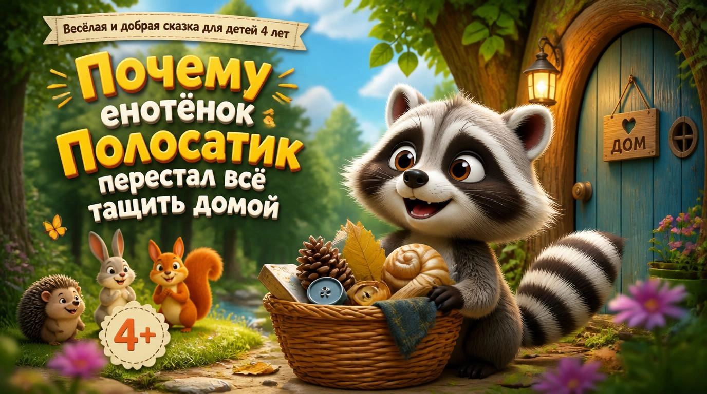 Весёлая и добрая сказка для детей 4 лет: Почему енотёнок Полосатик перестал всё тащить домой