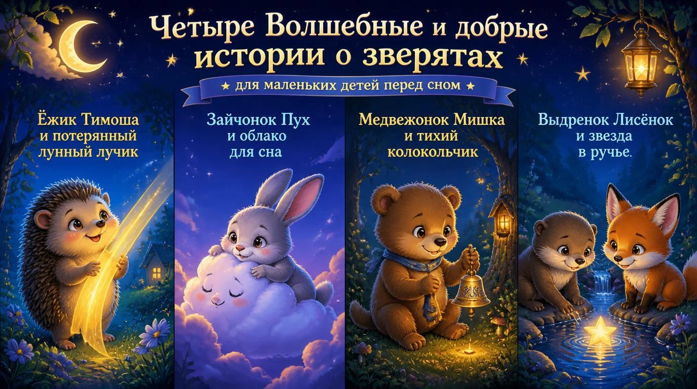 Четыре волшебные и добрые истории о зверятах для маленьких детей перед сном