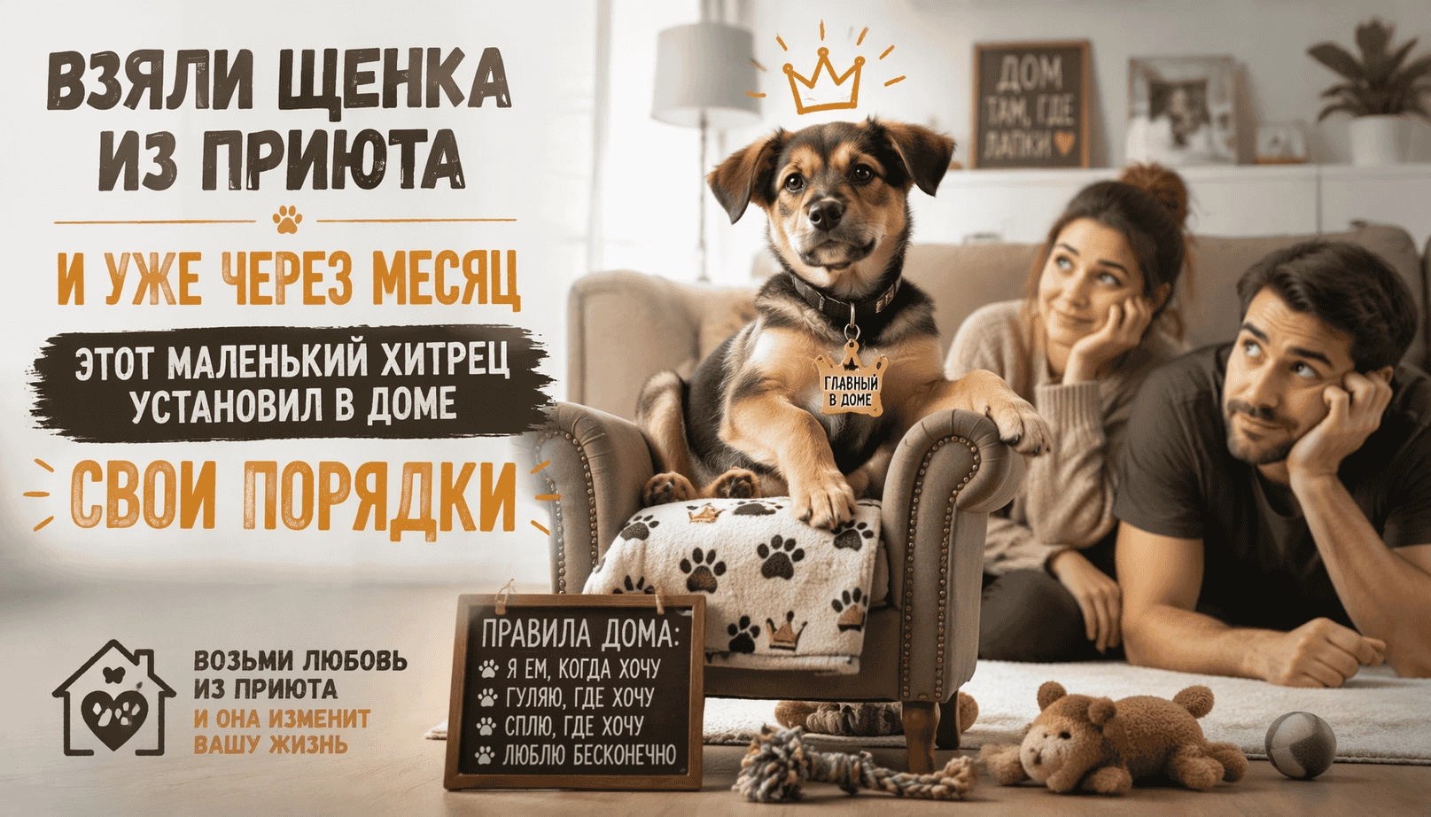 Взяли щенка из приюта, этот маленький хитрец установил в доме свои порядки